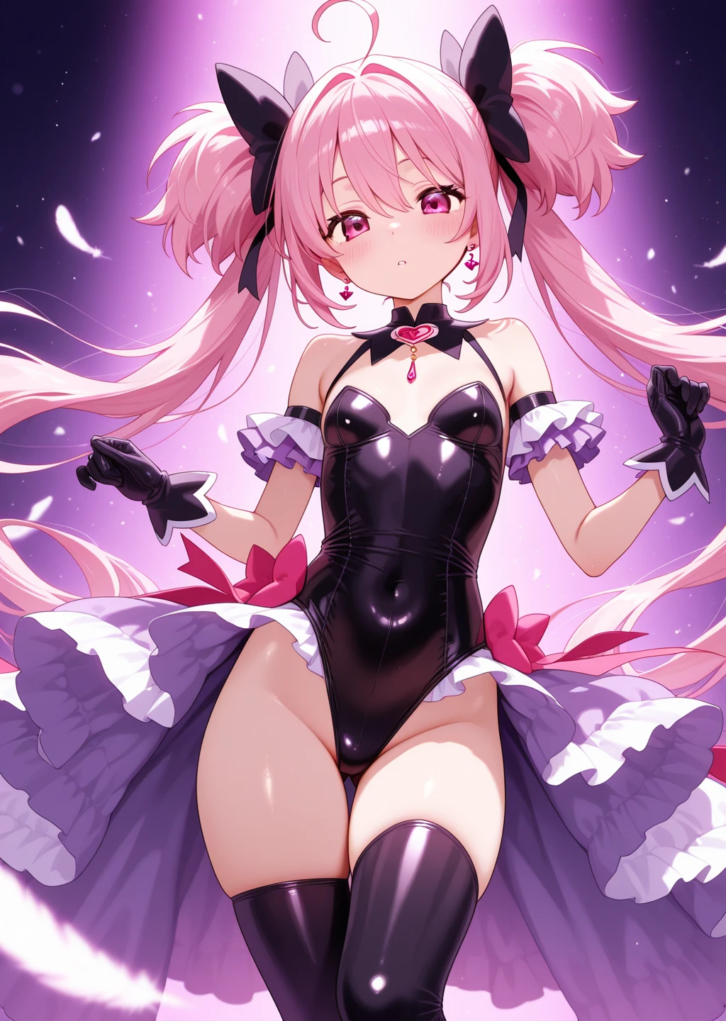 Visualize an anime girl with cotton-candy-pink hair styled in voluminous ringlets, adorned with latex ribbon bows. Her swimsuit, a fusion of Lolita fashion and sleek latex, features a pastel color palette with ruffled lace trims. Posing in a whimsical latex garden filled with oversized mushrooms and glow-in-the-dark flowers, she stands with a parasol. The latex swimsuit has ribbon bow-shaped details and lace frills, and her expression is one of innocent enchantment, capturing the whimsy of a Latex Lolita Enchantress.