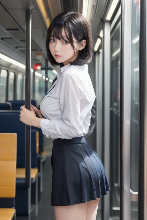 japanaese girl、a 18 year old girl、Pull Shorthair、blondehair、bangss、Brown-eyed、Perfect figure、Transparency、The sheen、Gloss、discreet breasts、student clothes、Navy blue ribbon、Light blue shirt、Dark blue microskirt, big shapely buttocks、A little underwear is visible、hposing Gravure Idol、on train、Beautiful feet、　backshots　photographed from the back