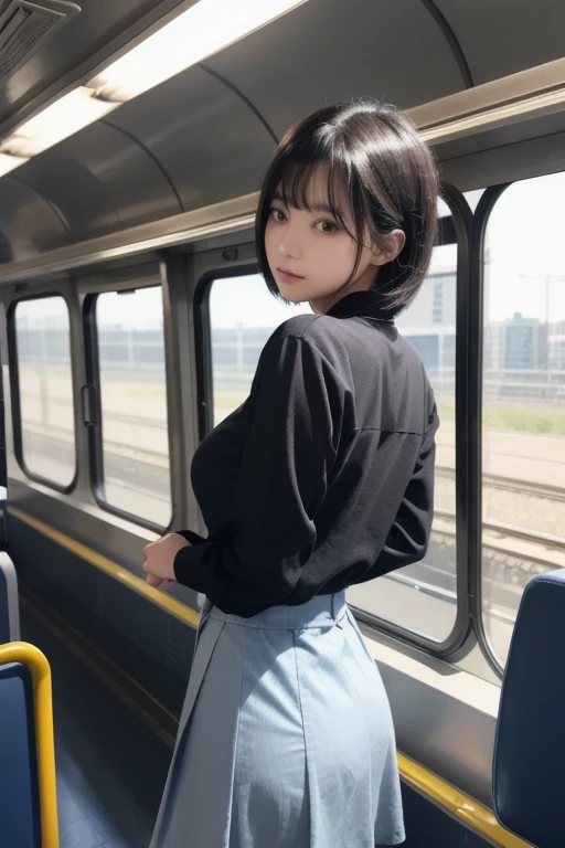 Browsing Caution, Crowded train, Japan , Handsome man hugging his girlfriend from behind, Talk in her ear, Lift her up, Twist up your miniskirt, 40k, photograph, masterpiece, Highest quality, Dark Gray Background, ((Japan girls' high school uniform)), An older man is leaning on her from behind、i held you up, Mr...々Strike a Pose.High resolution, Textured skin, High detail, Small breasts、slender、Beautiful thighs、She is being strong、