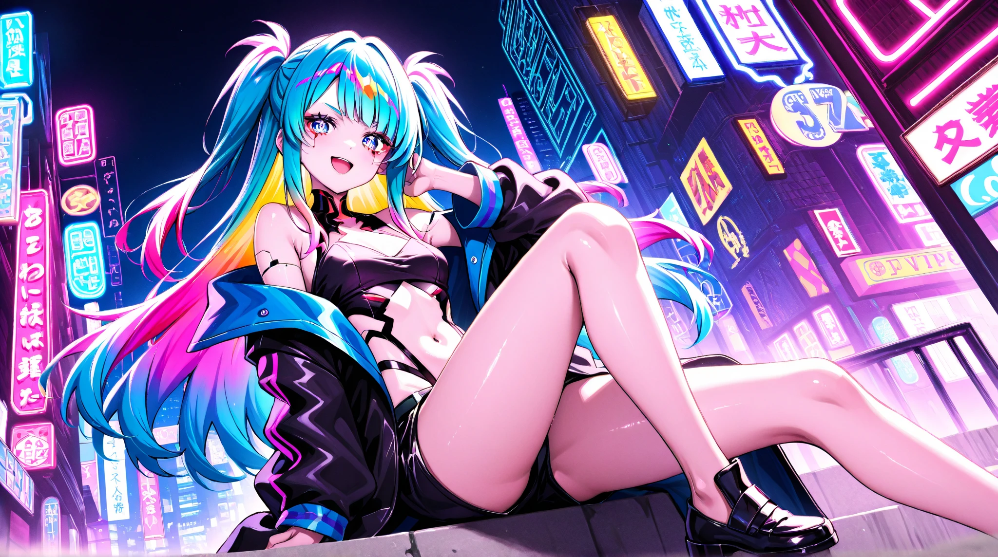 score_9, score_8_up, score_7_up, source_anime,masterpiece, best quality, high resolution, extremely detailed CG, absurdres, highres, 1girl, Shot of a futuristic cyberpunk beach scene at night. The subject, wearing a bikini and jacket combo with a glittery swimsuit underneath, strikes a pose close-up, looking directly at the viewer with a cheeky grin. A mecha arm and headgear adorn their body, with neon lights flashing beneath the surface. Sunglasses perch atop their head, reflecting the bright lights of the beach's neon decorations, ((beach)), neon punk, shiny, sexy body, large_breasts, sitting, (neon lights on swimsuit), ((vapor wave))