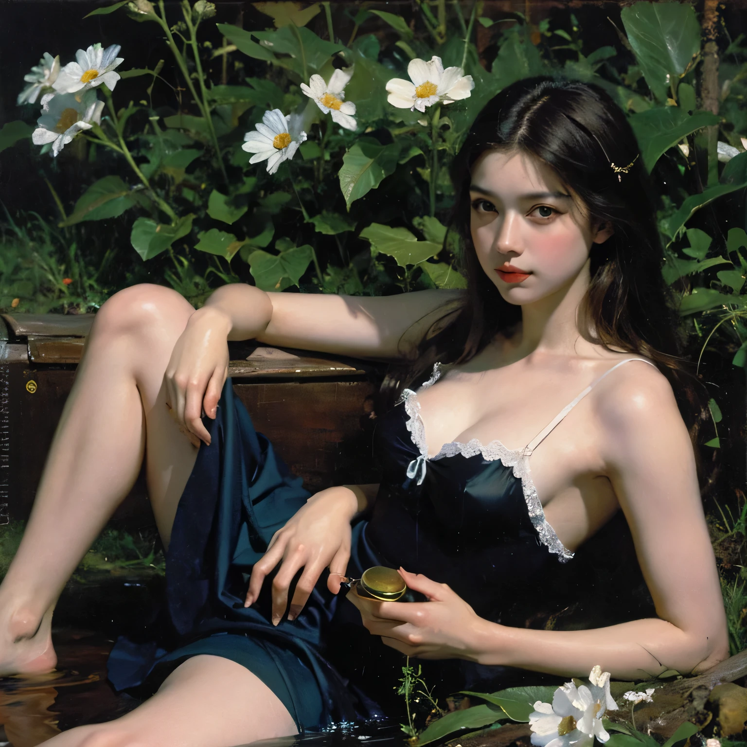 ((create), (young girl, 16 years, naked, full height, dark hair, bright skin, scarlet lips, smile; black, expressive playful eyes, long eyelashes), (female naked body, Fantastic space), (flowers, Chrysanthemums-лилии, peonies, 1 full-length girl-solo, beautiful breasts), (girl, bare shoulders, (ecchi0.5), lips, Splashing water, (flowers:0.6), (birds:0.2), (Bamboo0.1) , (lakes), (very beautiful, naked girl, full height, relaxed posture, slight body twist, facing the viewer, beautiful small breasts), (dressed; black translucent chiffon dress, Golden Line, Very short dress), (calm relaxed posture, hair fluttering in the wind, half a turn, look at the viewer, stylish girl model)).((Background - Fantastic space, flower garden, graphic clear line, stylized - graphic, (lily flowers, peonies, Chrysanthemums ) - (stunning blooming irises; (violet, yellow, blue, white), (Modern style, Modern, very beautiful young girl). (High quality, masterpiece). ((Highest quality workmanship, realism, oil painting, Modern brushwork, master's hand, mercy, ease of execution)).