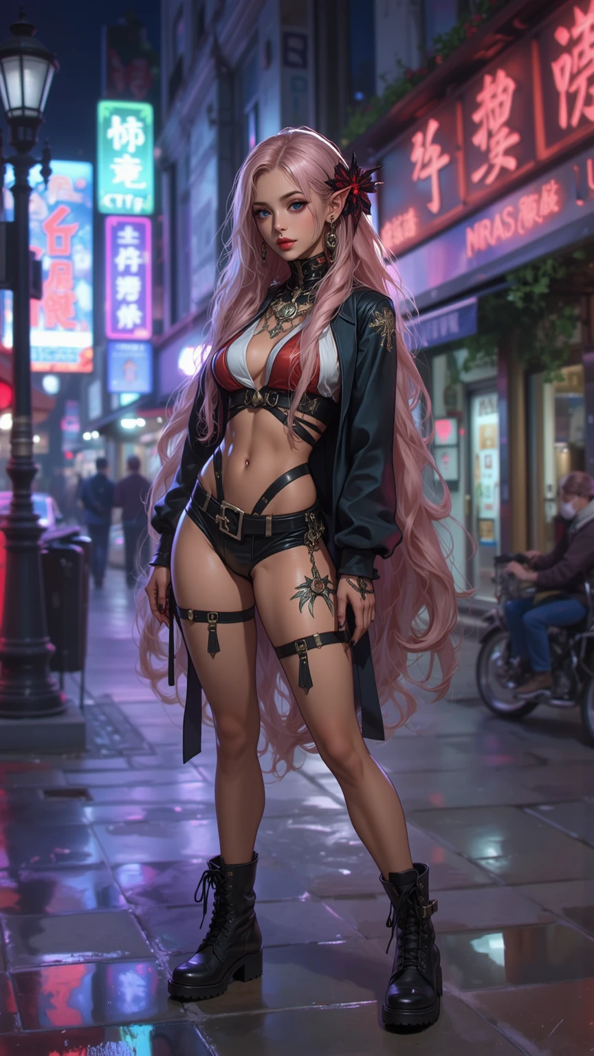 (Masterpiece), Best Quality, extra high resolution, close up, sexy serious 1girl, s face, ((Colorful), (Big long hair), ((night  sky, Colorful arch, black clouds, bokeh, Background)), colorful lights, Photon mapping, radiosity, physical based rendering, Cinematic lighting, Intricate, higly detailed, sharp-focus, dramatic, Photorealistic, A detailed eye, More art, (((wet skin))), ((Slim teenage body type)), More tanning, Gradient hair candies, (Calligraphic tattoos in black ink), (Gangster style), Cyberpunk Accessories, Metal fittings, large lips, Weather, More Accessories, Longer hair, ((very freckles)), Large braids, (Bodychains), Gold Chains, Silk straps, musculature, More diamonds, (More piercings), ((Colorful patches on clothes)), (Long spikes,,), Erotic lingerie, dynamicpose, (dark skin), thick eyebrows, ([More pink fabric and accessories)), (((((Large calligraphic ribbons))))), (((((glass fragments)))))