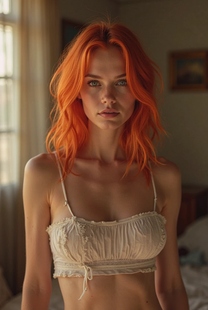 dynamic angle, A woman with orange blonde hair and a pure white dress sits and handles poker cards:1.2, voluptuous breasts, perfect body, Aura of fascination, Untidy hair, But it's beautiful. (Very detailed details_delicate eyes, sharp nose, plump lips, 1 beautiful 20 year old woman), clean skin, She is concentrating on the card game., surrealism, Blurry background with intricate and detailed details, 8k ultra high definition, masterpiece,