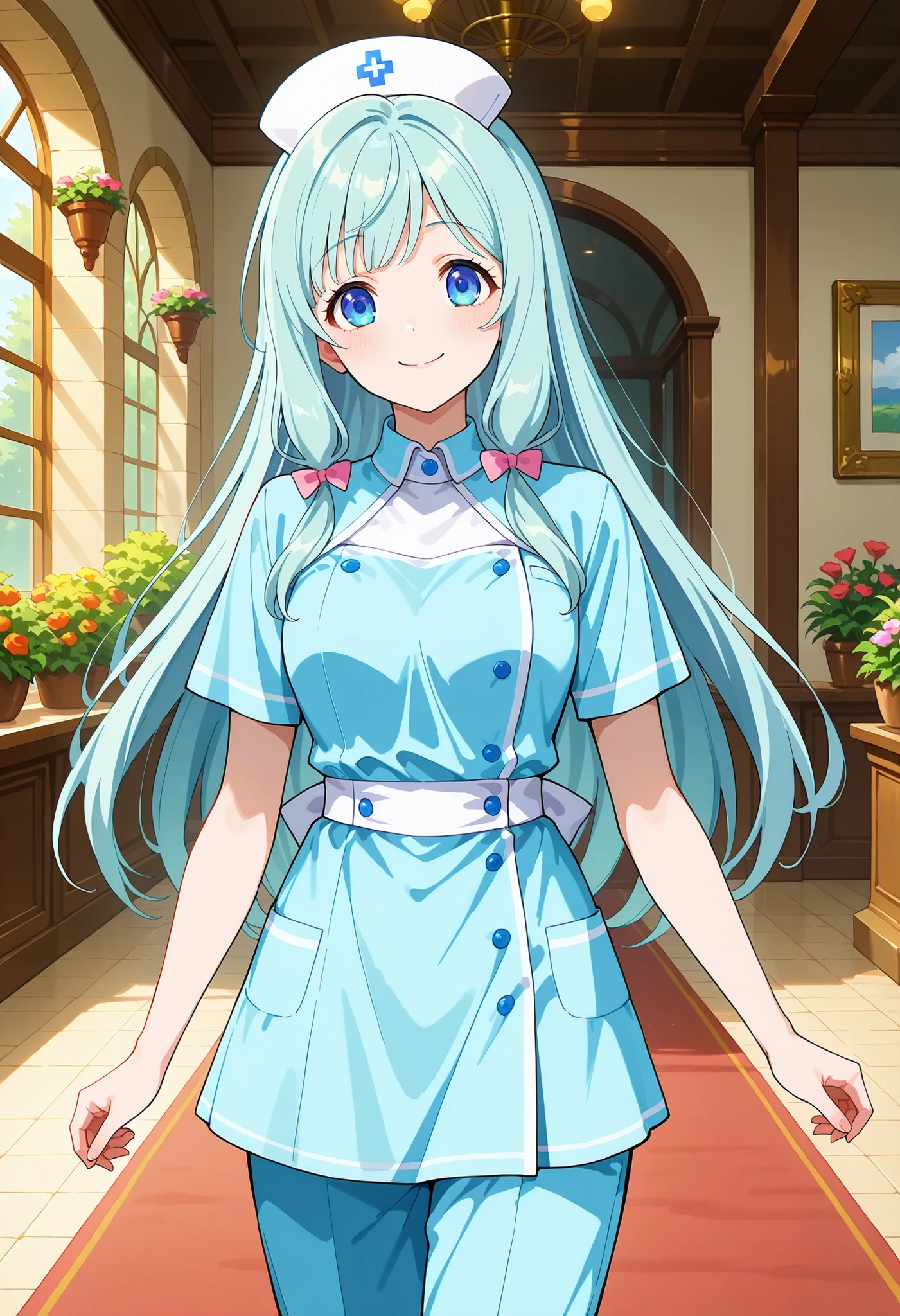 high definition、Highest Quality、Highest Quality、taken from the front、Standing、smile、closed mouth、one girl、solo, smile, Shea Haulia、blue eyes, Aqua Hair, Chest, hair bow, , nurse (白色 nurse服:1.2), pants、(white gothicta clothes)、smile, cowboy short、interior, ((standing, cowboy shot))、outdoor、 Compa、garden