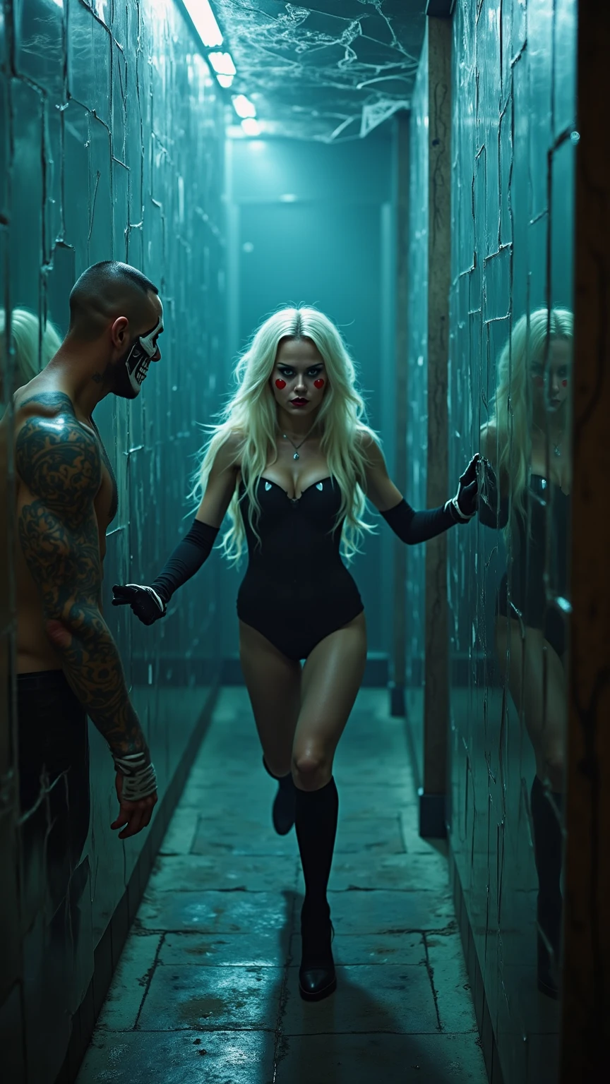 Super strong blond haired villainess in a white skintight costume with pink lace ribbons wrapped around. Casually killing men, lots of blood and bodies.