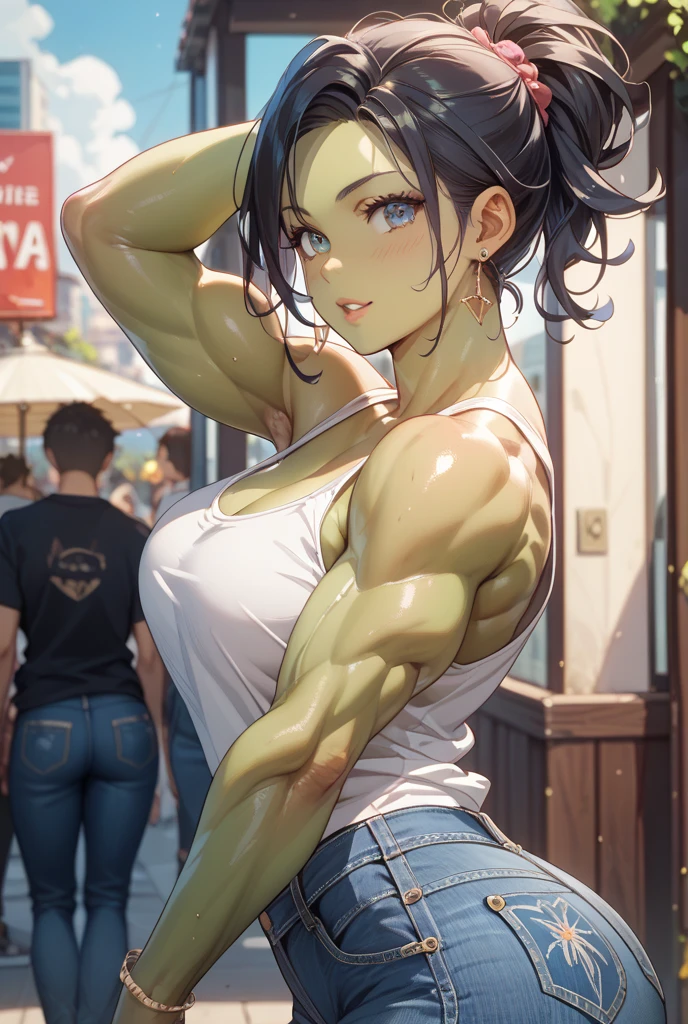 Best quality, solo mature woman, giant breasts, giant ass, very curvy, long ponytail curled at the ends, aqua green eyes, full lips, seductive, smiling, pink tank top, tight blue jeans, sun necklace, sun earring, thick thighs, curvy physique, ((((huge muscles))))