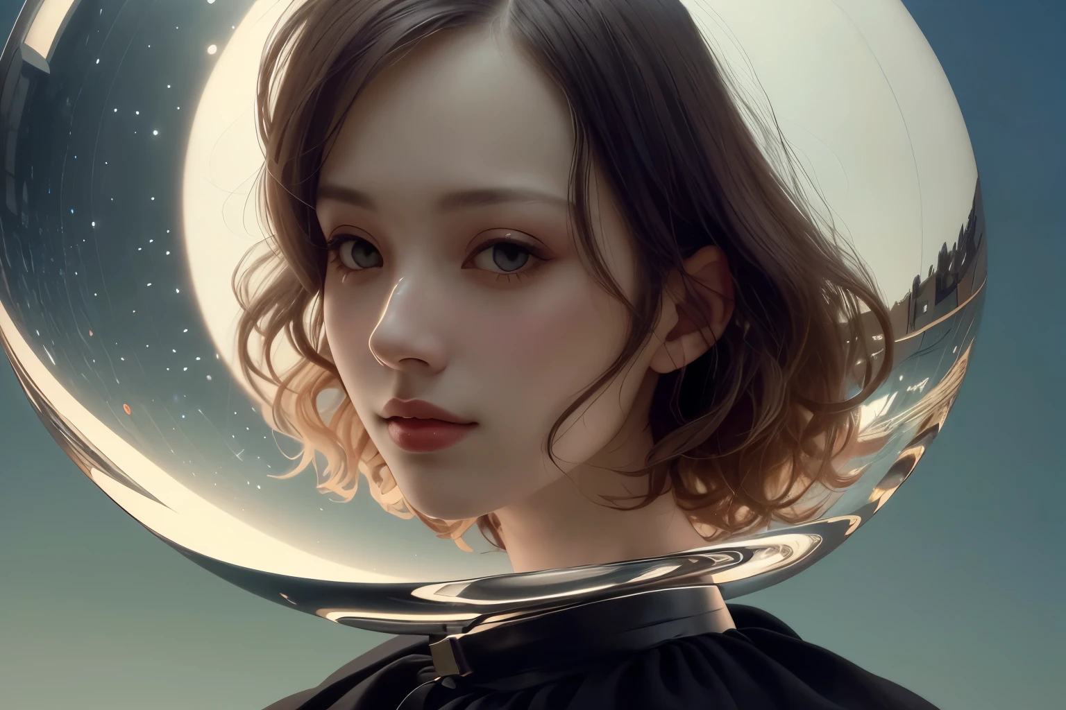 383 (20 year old woman),(short hair),(gentle smile),(high quality photos),( cinematic pictures playing on the lawn ),(colorful),(Crystal Ball),((contrast between light and shade)) ,(Da Vinci )