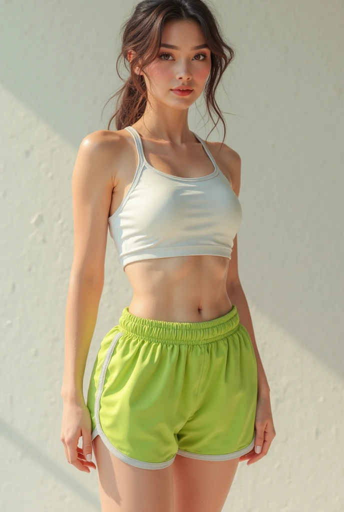 Beautiful woman Arafed in a white tank top and baggy khaki pants, usando um top cropped sexy, her navel is exposed, midriff exposto, usando crop top, wearing a tank top and baggy pants, usando uma camiseta regata de corte baixo, usando uma camiseta regata, usando um top cropped, roupa intrigante, usando um top cropped, wearing a sweater and baggy pants