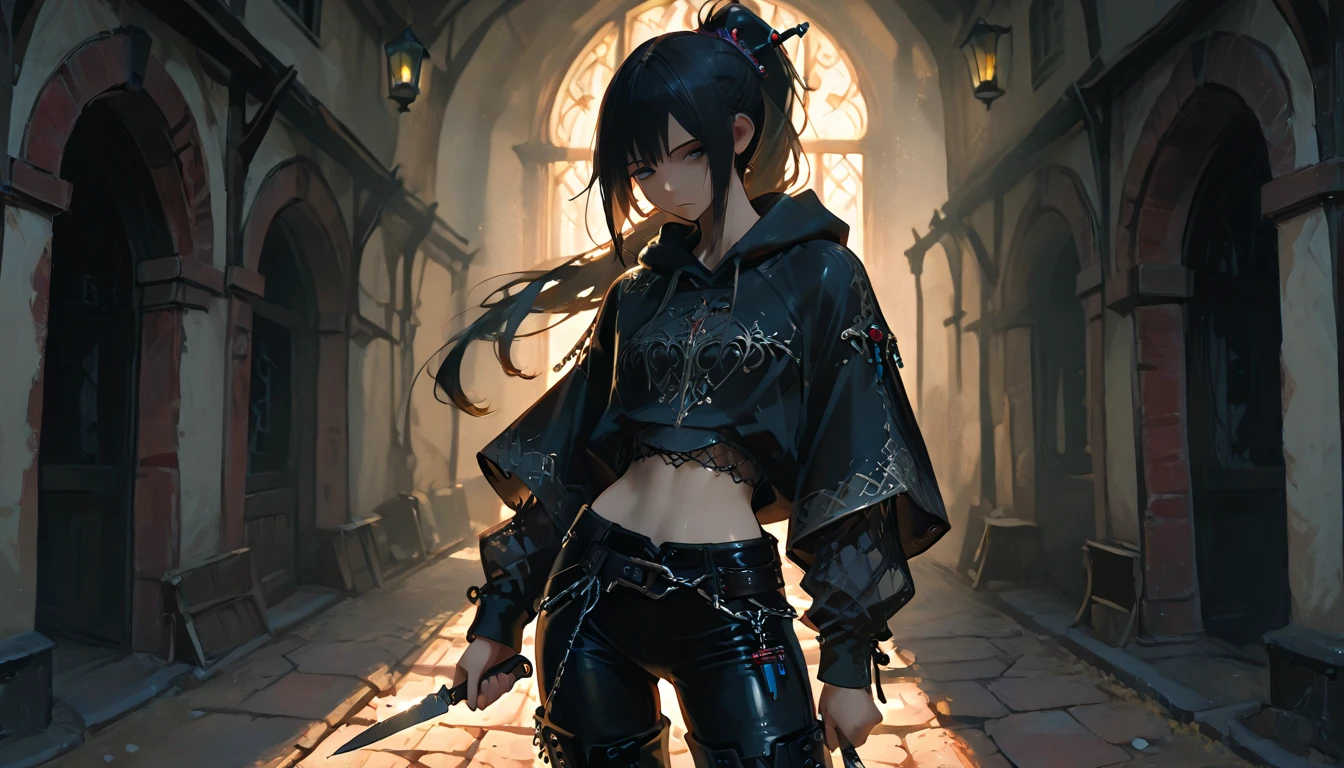 henry sidesonly, long hair, rugged, dynamic pose, deep squats, heavy streetwear, crumbling giant crumbling castle wall, symmetrical eyes, symmetrical face, long black hair, standing on street, rainy background, sharp focus, highly detailed, cinematic lighting, studio quality, chiaroscuro, smooth render, unreal engine 5 rendered, octane, rendered --auto --s2