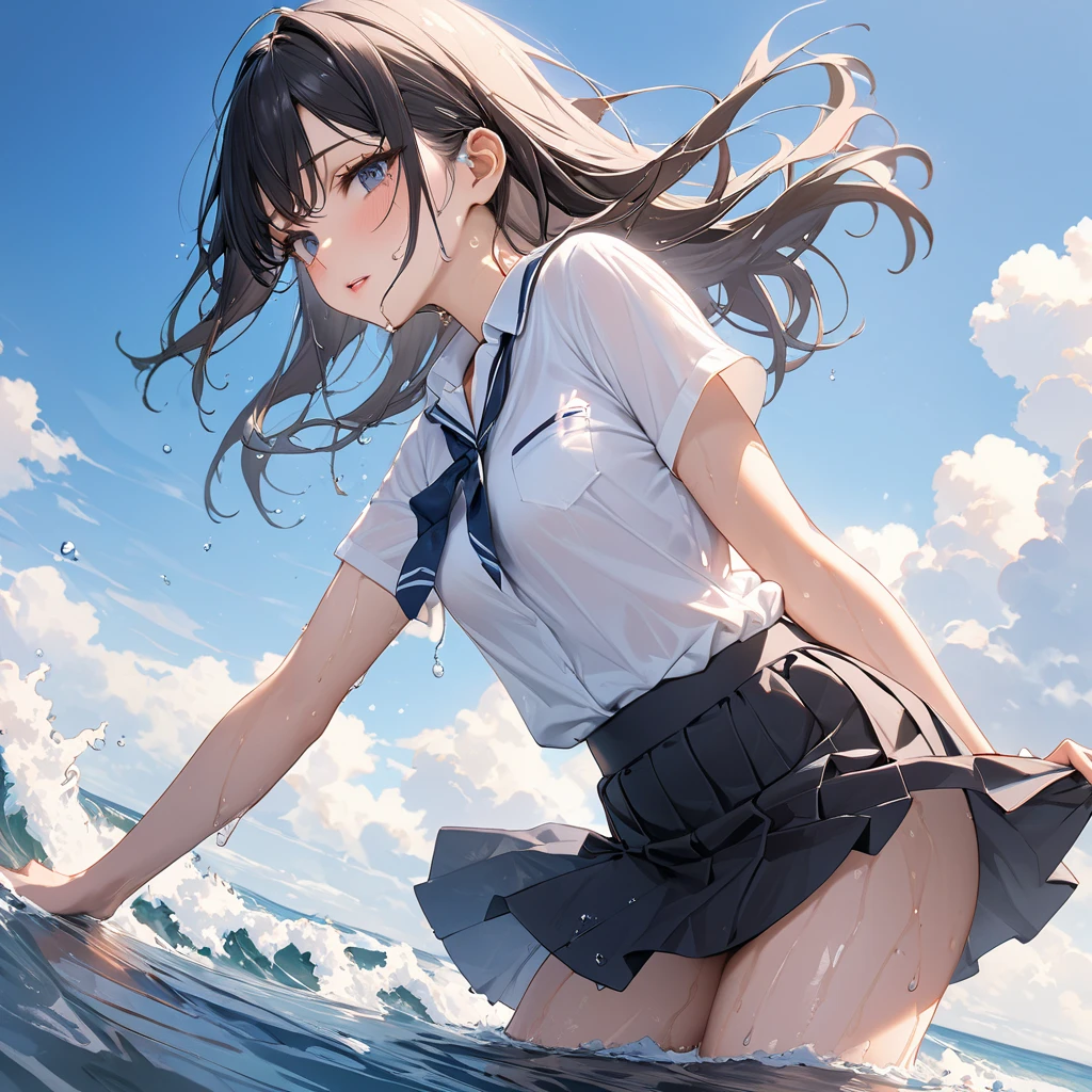Beautiful illustration、top-quality、Handsome girl,Hair between the eyes、Random actions,Black color hair,No bra wearing,The body is wet,(White color blouse),(Exposes the at the base of the thigh),(Translucent top),long whitr hair、(((Black pleated skirt)))、(does not wear panties),(Not wearing Bra),Bare legged,ssmile,Be red in the face,Puffy eyes,wearing black glasses