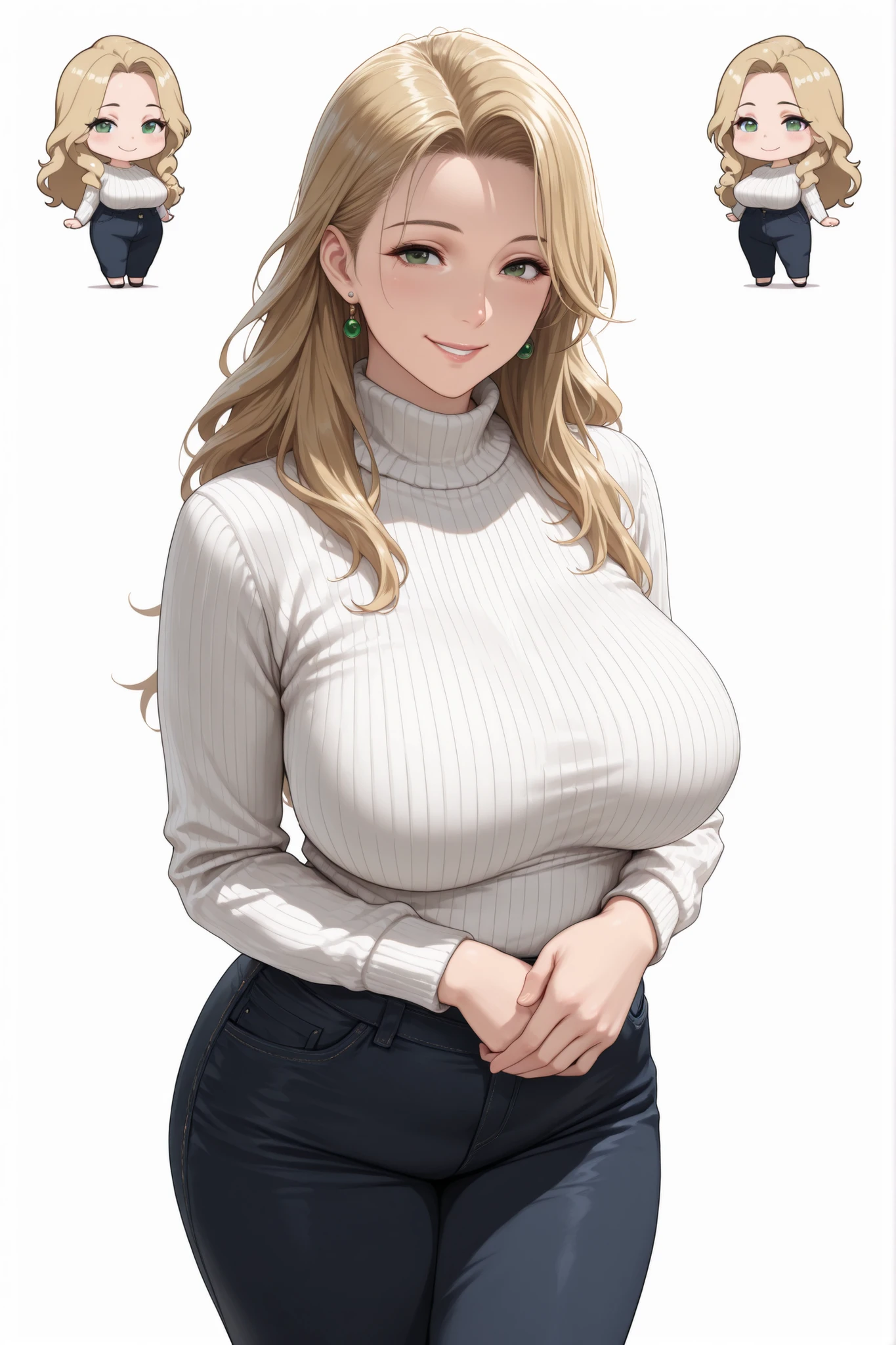 ((masterpiece)), ((best quality)), (ultra-detailed), (realistic), beautiful face, detailed hands, expressive eyes, 1girl, solo, mature female, milf, motherly, huge breasts, narrow waist, wide hips, curvy, (curly hair, short hair, short bangs, blonde hair, blue eyes, turtleneck, turtleneck sweater, ribbed sweater, white sweater, brown pants), standing, indoors, sexy pose, seductive smile, looking at viewer