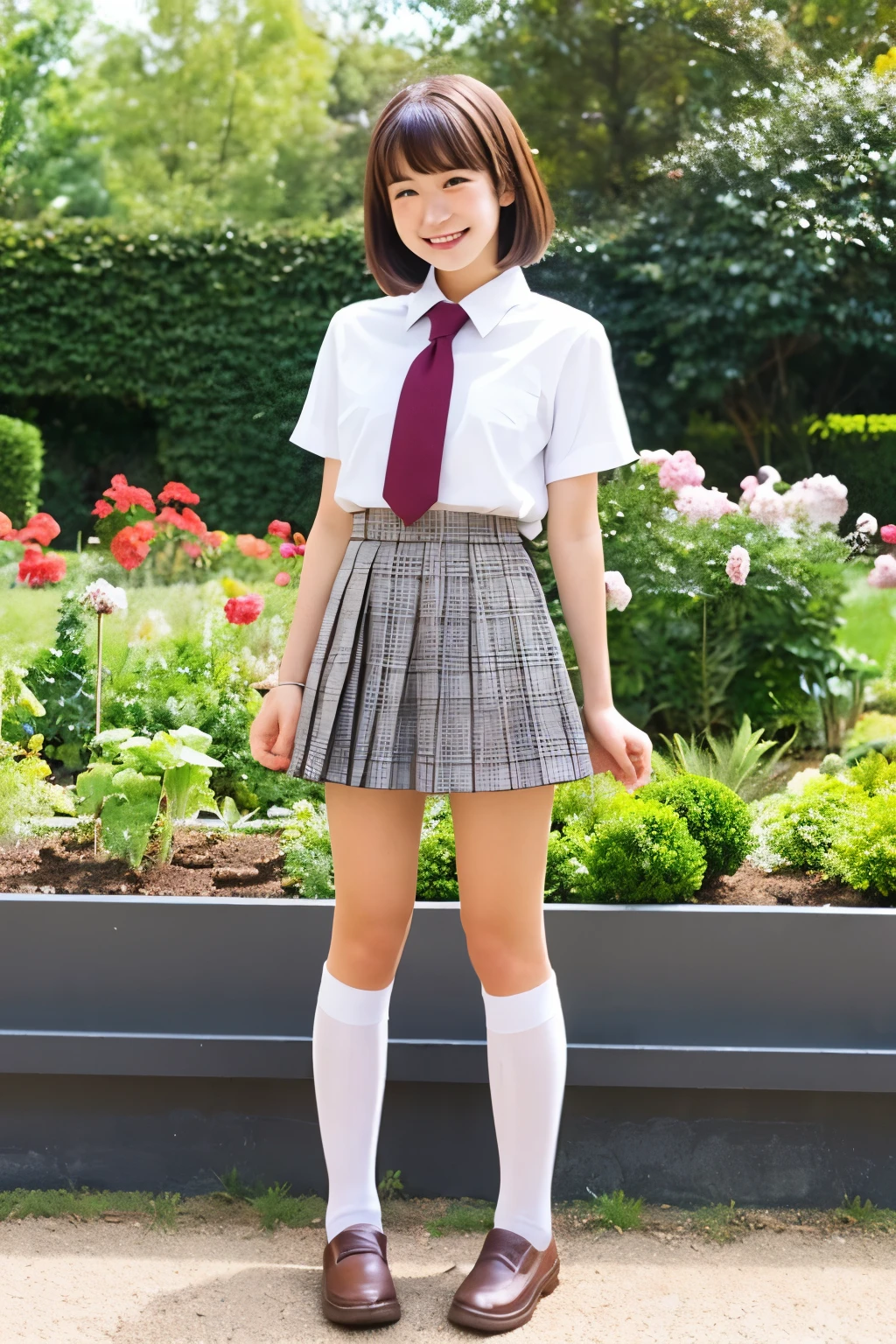 Standing in an empty park、Japanese high school girl、Cute face like an idol、Summer uniform、mini skirt、Long black hair、Smiling、Full body portrait