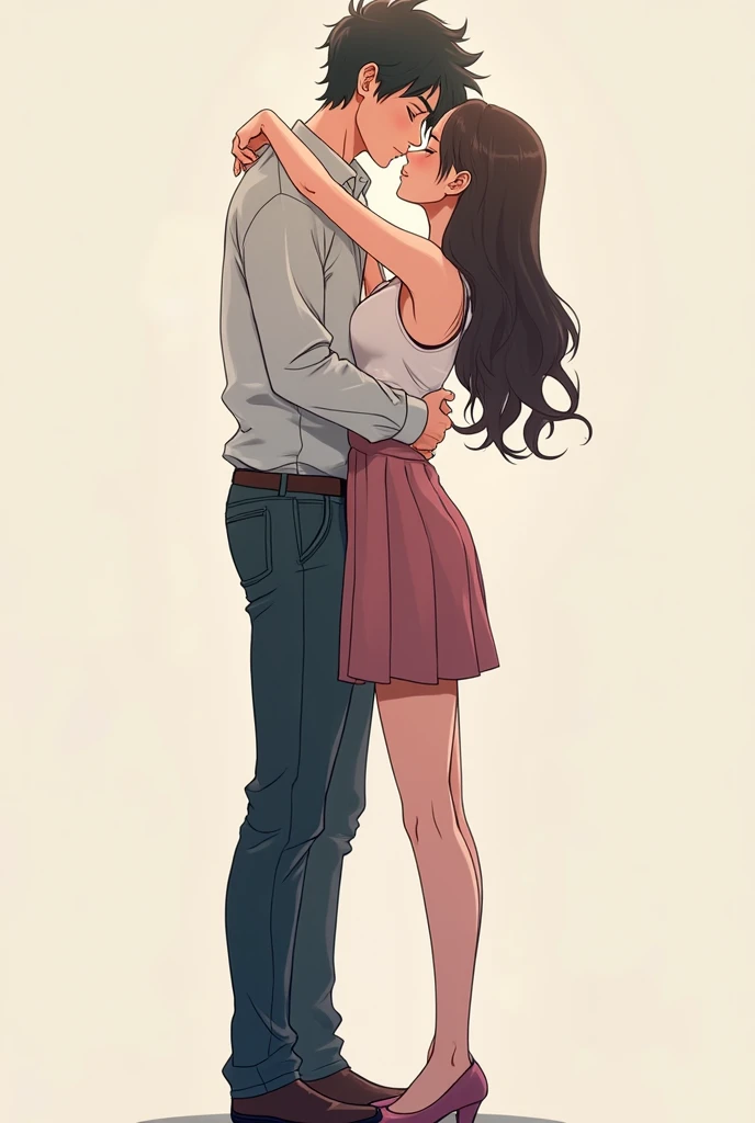 drawing of a skinny red-haired age boy with flushed cheeks and a passionate look looking forward with a teengirl with a hot, beautiful brunette body on her tiptoes giving a kiss ON THE CHEEK of the red-haired boy
