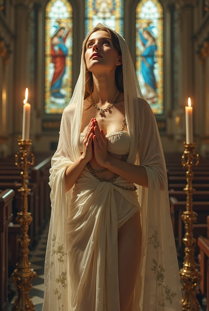 Beautiful priestess in shawl has holy water dripped on her cleavage, many spectators, church