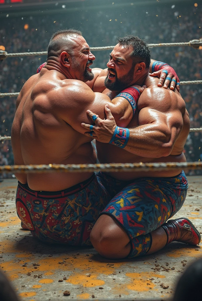 chubby muscular man bear with a gray beard huge eyebrows and huge fangs and huge upperbody wearing black wrestling tights while frolicking with another chubby muscular man bear with a gray beard huge eyebrows and huge fangs and huge upperbody wearing black wrestling tights in the wrestling ring