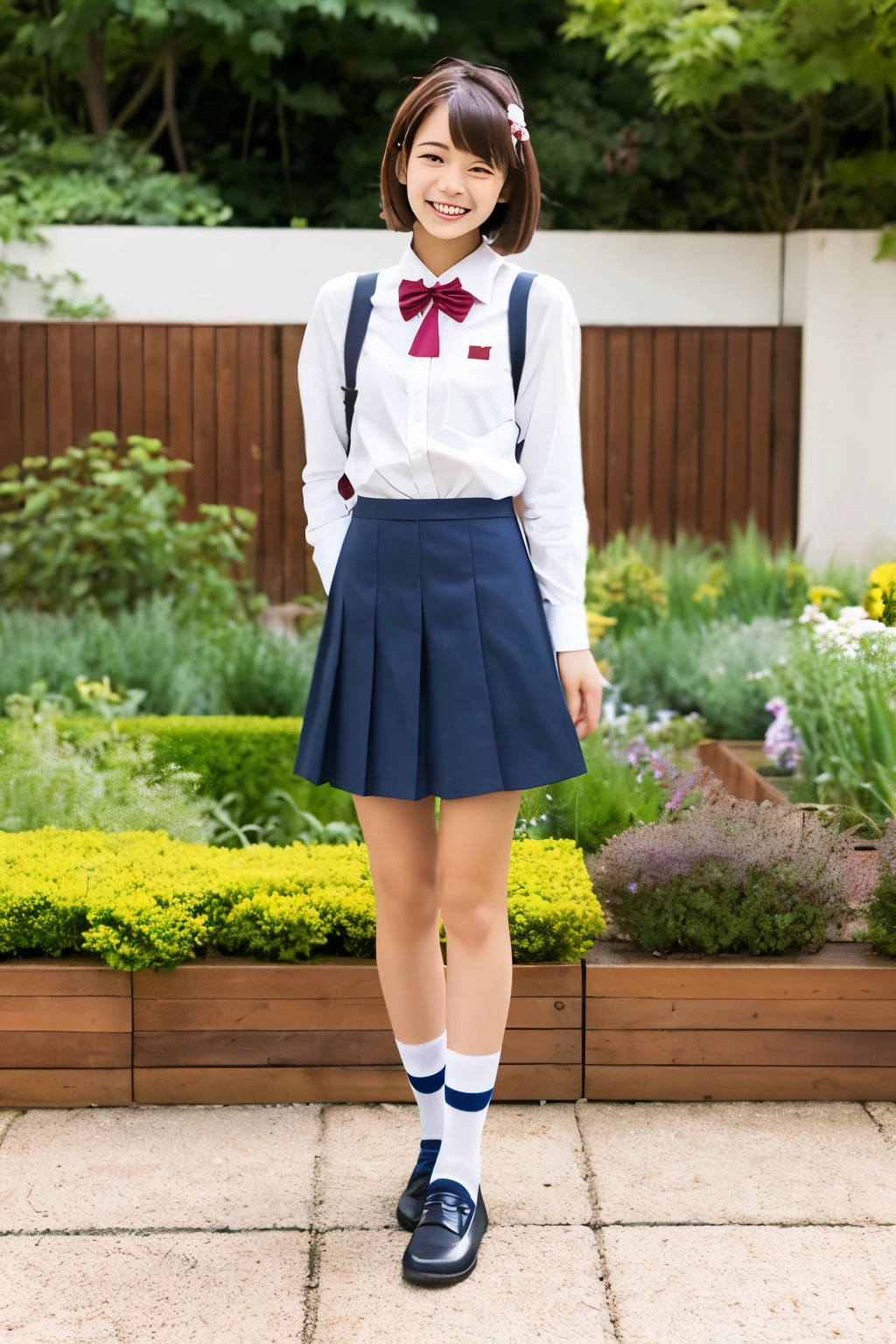 super high quality, japanese girl, (super realistic), (super photographic style), 1girl, (), , (collared shirt), (bow tie), (skirt), (short sleeves), street, smiling, socks, beautiful legs line, like a model style,