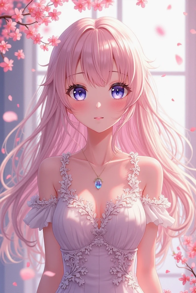 anime girl, with long light pink hair and mauve eyes