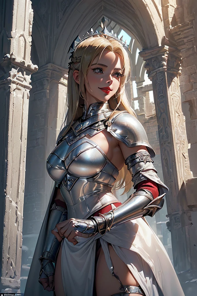 (8K, best quality:1.2), (masterpiece:1.37), (photo, photoPractical:1.37), (Ultra-high resolution),whole body,Depth of Field,The upper part of the armor has a deep V-neck slit that reveals the chest,Huge breasts,The lower part is a miniskirt-style skirt., Full body, Walking posture, shot From Front, Slow Motion, Female paladin wearing the Full body, (Light silver armor:1.2),(Richly decorated armor), (Extremely detailed, bloom:1.5), (best quality, Alessandro Casagrande, Greg Rutkowski, Sally Mann, Concept Art, 4K), (simulation:1.2), (high sharpness), (Detailed student:1.1), detailed Face and eyes, masterpiece, best quality, (highly detailed photo:1.1), (Long blond hair, Ponytail,ecstatic:1.1), (Young woman:1.1), sharp, (perFect body:1.1), Practical, True Shadows, 3d, (Temple Background:1.2), (Michelangelo), photographed by Canan EOS R6, 135 mm, 1/1250s, F/2.8, ISO 400
