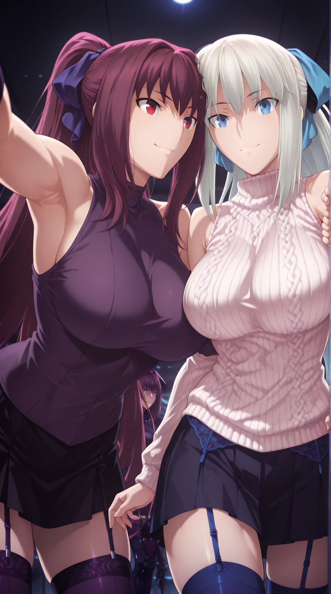 (two womens),Two girls in hip wrap skirts, One is purple、The other one is black, Lying on the sofa, Their chests collide、Have fun playing,masutepiece, Best Quality,((Huge breasts))