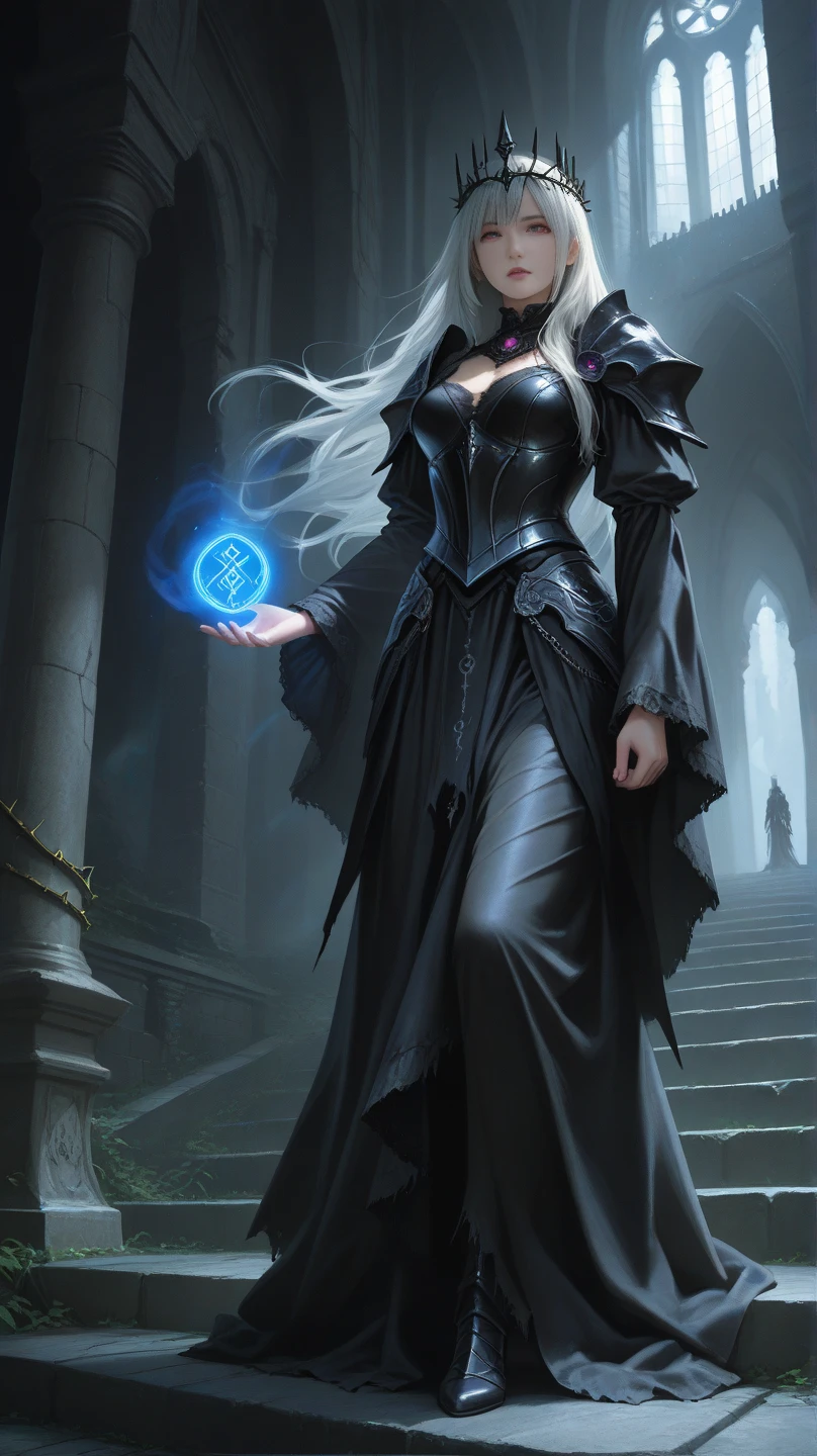 a sorceress casting a IceMagicAII spell in magical library exquisite beautiful human woman ((full body shot: 1.5)), ((anatomically correct: 1.5)) (ultra detailed face: 1.2), dynamic skin complexion, dynamic hair style, dynamic hair color,  she is wearing a long dark dress, intricate dark dress, small cleavage, long white cloak, (high heeled boots: 1.3), manipulating icy magic, controlling icy runes,  fantasy magical laboratory, books, potions, and magical study items,  background,  vibrant, Ultra-high resolution, High Contrast, (masterpiece:1.5), highest quality, Best aesthetics), best details, best quality, highres, 16k, [ultra detailed], masterpiece, best quality, (extremely detailed) RAW, fantasy art, dnd art, fantasy art, realistic art,  (ultra details, Masterpiece, best quality), IceMagicAI, Cinematic Hollywood Film, Intense gaze