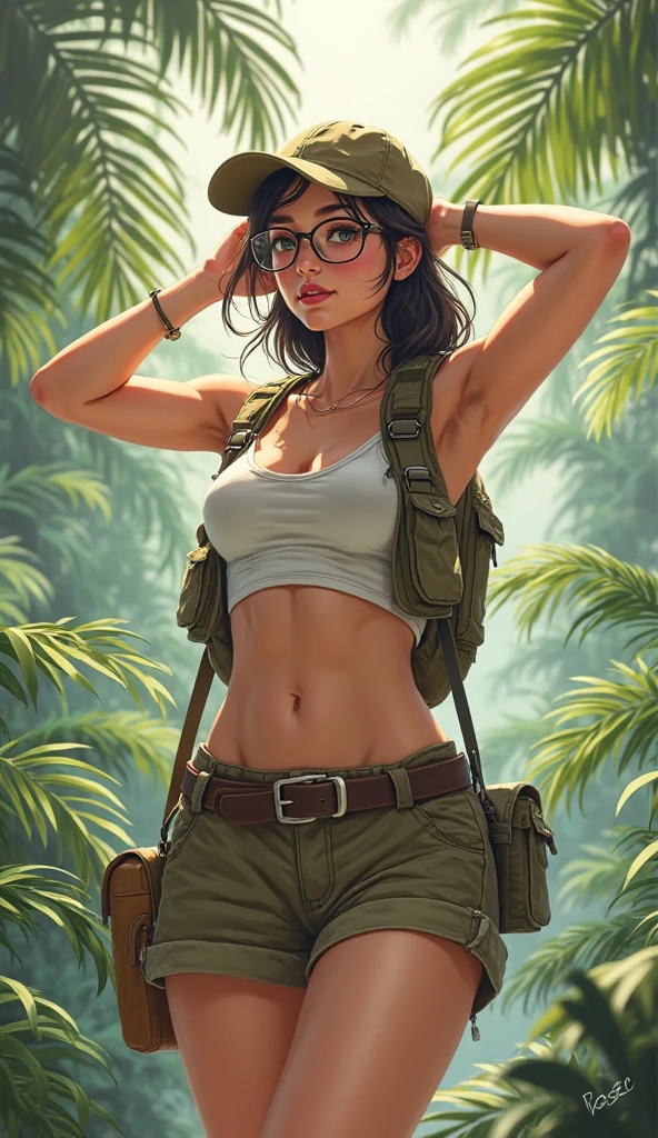 Movie poster, big chest woman, long hair, dark green pants, 1 belt, holster with pistol, just one body, front view, forest, waterfall, night