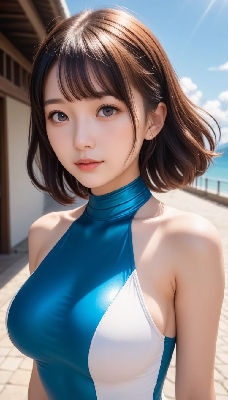 masterpiece、1 beautiful girl、 (reality: 1.4), Japanese、Asian Beauty、so beautiful、Beautiful Skin、thin、(Upper Body)、(超reality的な)、(High resolution)、(8k)、(Very detailed)、(Beautiful and beautiful eyes)、(Very detailedな)、Big eyes、Brown eyes、Long eyelashes、Detailed face、Gloss Lip,Bright lighting、Professional Lighting、Looking into the camera、Serious expression、Look straight ahead、Long Hair、Brown Hair、Sea view、Nogizaka Idol、actress、20-year-old、Big Breasts、Big Breasts、Wet Skin、Blue Latex Suit、Cleavage cutout、Baby Face、Moist and realistic skin texture、Moisturized lips、Natural Shadows、(Please raise your hand),Browsing Caution,