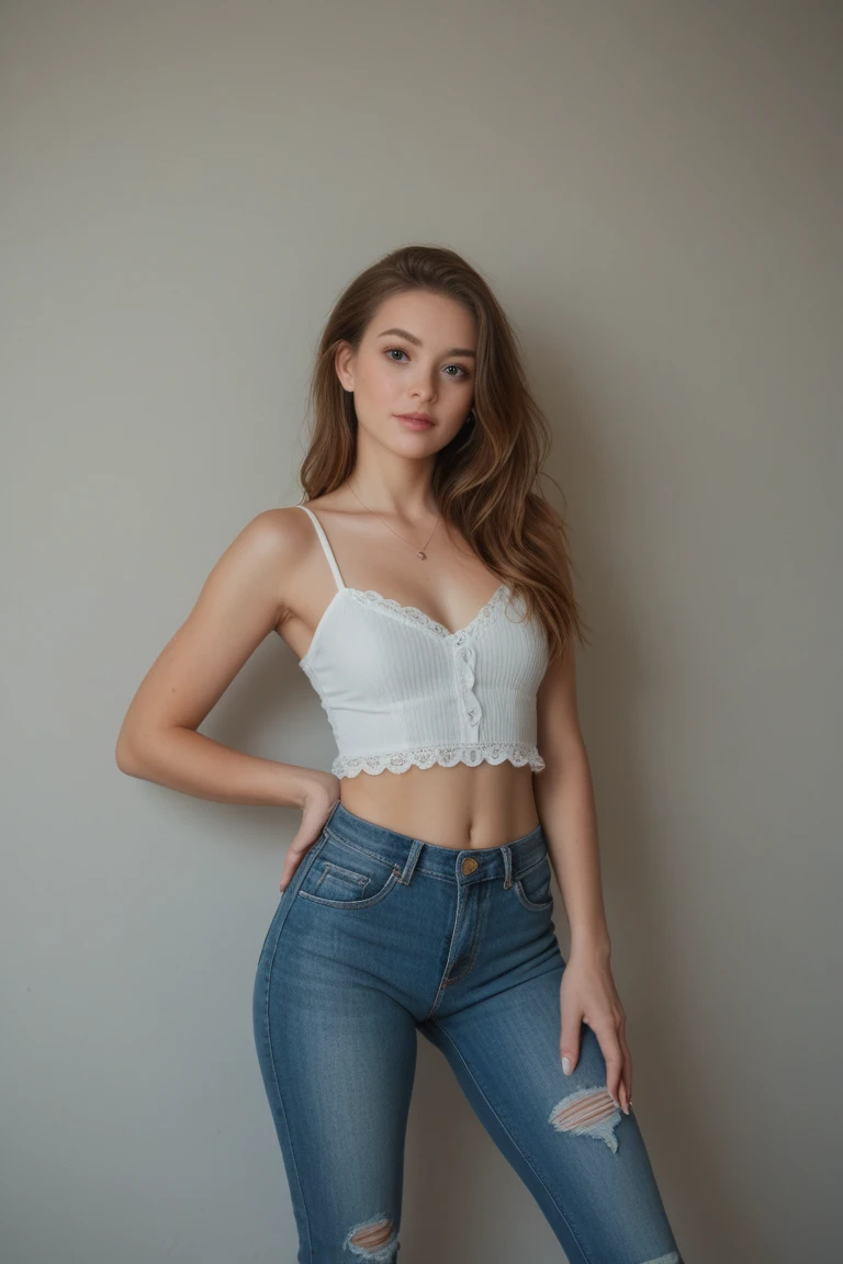 (tween Fashion model), at a photography studio, full body, pale white girl, blueeyes, super long hair, waist length hair, skinny, thin, slim, lean, slender, nubile, posing for picture, natural lighting, armpits, perfect lips, symmetrical face, young, youthful, teen, teenager, heavy makeup, red lips, huge fat lips, lip fillers, huge breast implants, lacey tank top, tiny jean shorts
