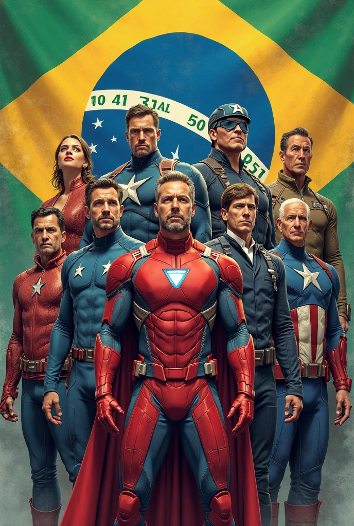 Top 5 Marvel. Top 5 DC and Top 5 X-Man, with the Brazilian flag in the background in a fighting position against the bald STF judge Alexandre de Morais who is in front of the heroes facing everyone