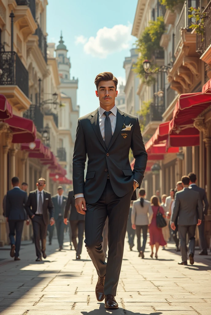 Roman todd is walking shirtless in a paded suit on a City Street. He got attention. He smile. He just wear the paded suit with no Shirt inside.