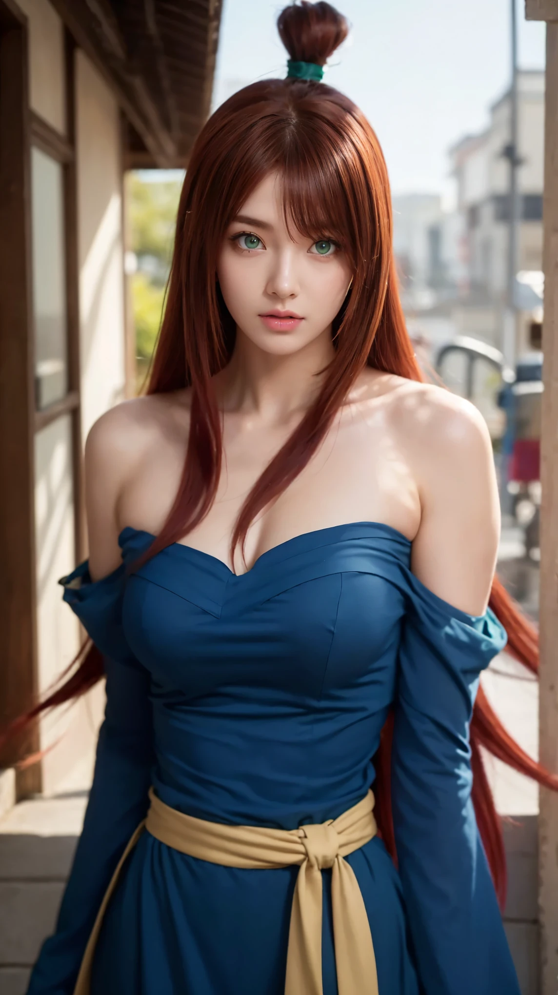 Top quality, 8k, 32k, Masterpiece, photorealistic, realistic, (photorealistic:1.5), solo, smile, (dramatic lighting:1.2), professional makeup, (natural big breasts:1.3), (seductive:1.5), (sexy:1.5) beautiful white face shining, gorgeous face, pink cheeks, beautiful lips, porcelain skin, detail intricate, super detailed, super high, highest detailed, high detailed, delicate, incredible detailed, fine detailed, (cinematic lighting:1.2), top quality, smooth and beautiful, CG, unity, 8k wallpaper, Stunning, fine detail, unity CG wallpaper 8k ultra-detailed, large file size, ultra-detailed, high resolution, incredible detail, stunning detail, depth of field, cowboy shots, (Mei Terumi), (Mei Terumi outfit), (big eyes:1.2) red hair, (long hair:1.5), long-sleeved, long dark blue silk strapless dress, It seems to be closed at the front with a zipper, It is kept open, a Japanese village, blooming season, outdoor, bright scenery, slim body shape.