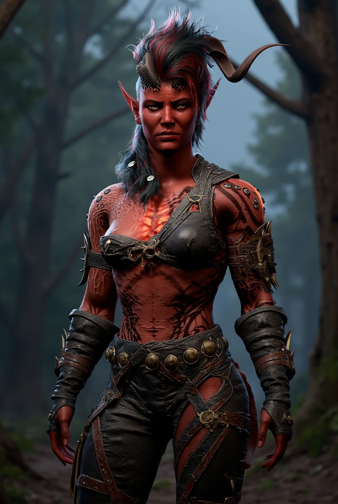 (masterpiece, best quality), outdoors, dark misty burning village, cowboy shot, 1girl, solo, Karlach, demon girl, colored skin, red skin, dark skin, scars, slit pupils, <lora:Karlach_V1-Manityro-Dadapt:1.0>, crop top, pants, torn pants, thigh strap,