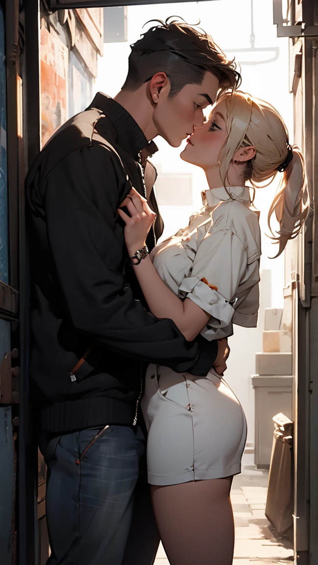 Pixar GTA RP,The boy hugs the girl wearing a black crop top, black mini skirt, white hils, white knee length socks, blonde hair, blue eyes, wearing glasses and a black hat, the boy is wearing a black jacket with the initials Cici Dev, black shorts, white shoes, white jackets, blonde hair, pke black and white hat with glasses,3D
