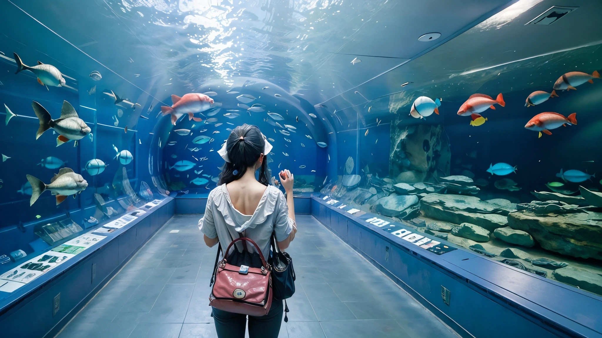 The supergiant aquarium of the future,is full of colorful creatures I've never seen before swimming,Super giant aquarium,A 100m water tank that is enough to look up,girl is looking up on her shoulder,
