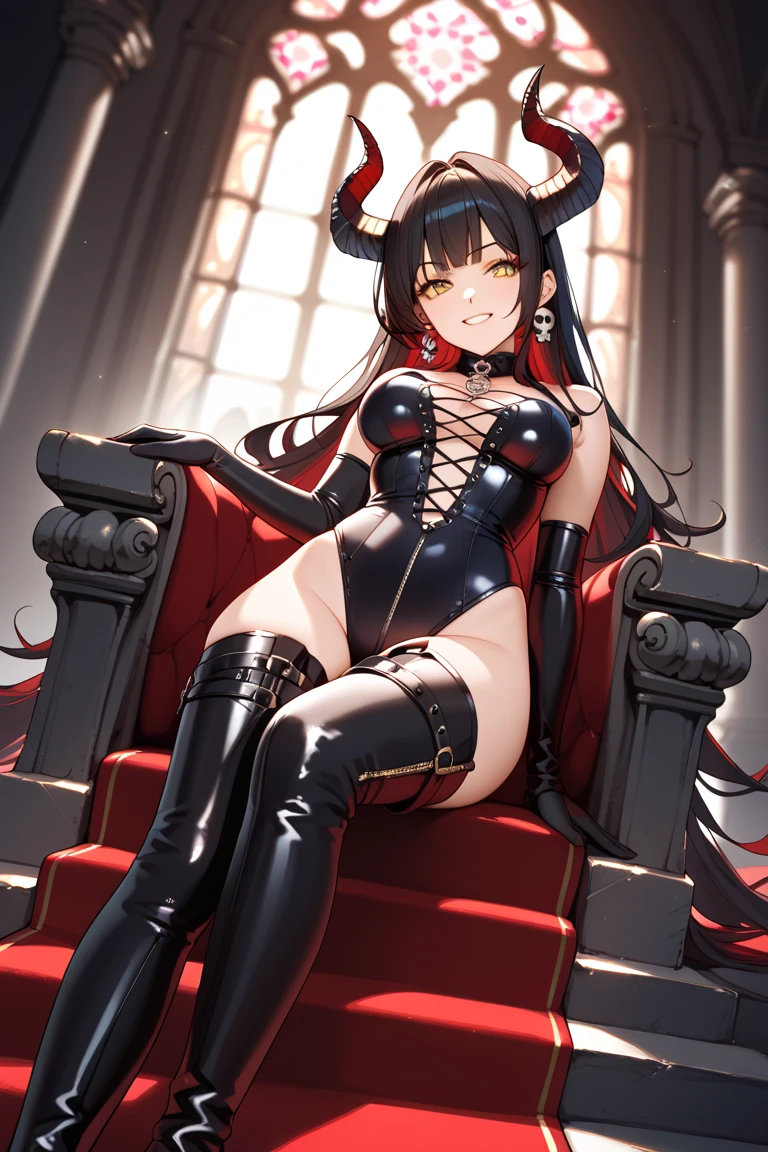 4K、The Princess、Reincarnated as an inhabitant of the evil world of darkness、Pale skin、White long hair、Black, evil-looking clothing、sharp and narrow eyes、bad eye、Simple two horns、Big Breasts、Leather clothing that accentuates your style、Expose your shoulders and neck、Glowing pink eyes、Long thin hair、Stylish、Sit leaning against a black sofa、Long, slender fingers and arms、Devil's Castle、Legs without stockings、whole body、Look at me with disgust and despair
