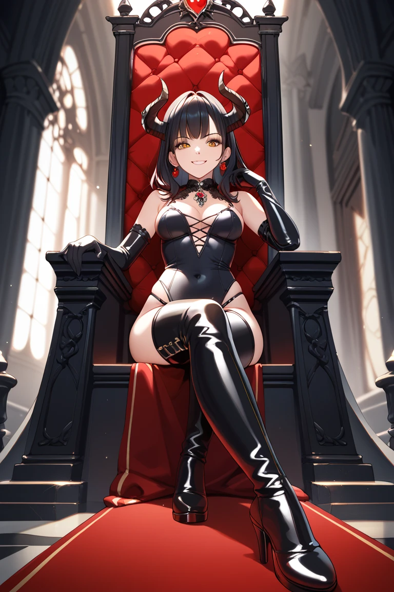 seductive naked lady with ample bosom and wearing slutty latex bodysuit, devil horns, black color scheme, black hair, blue eyes, smirk, sitting on throne