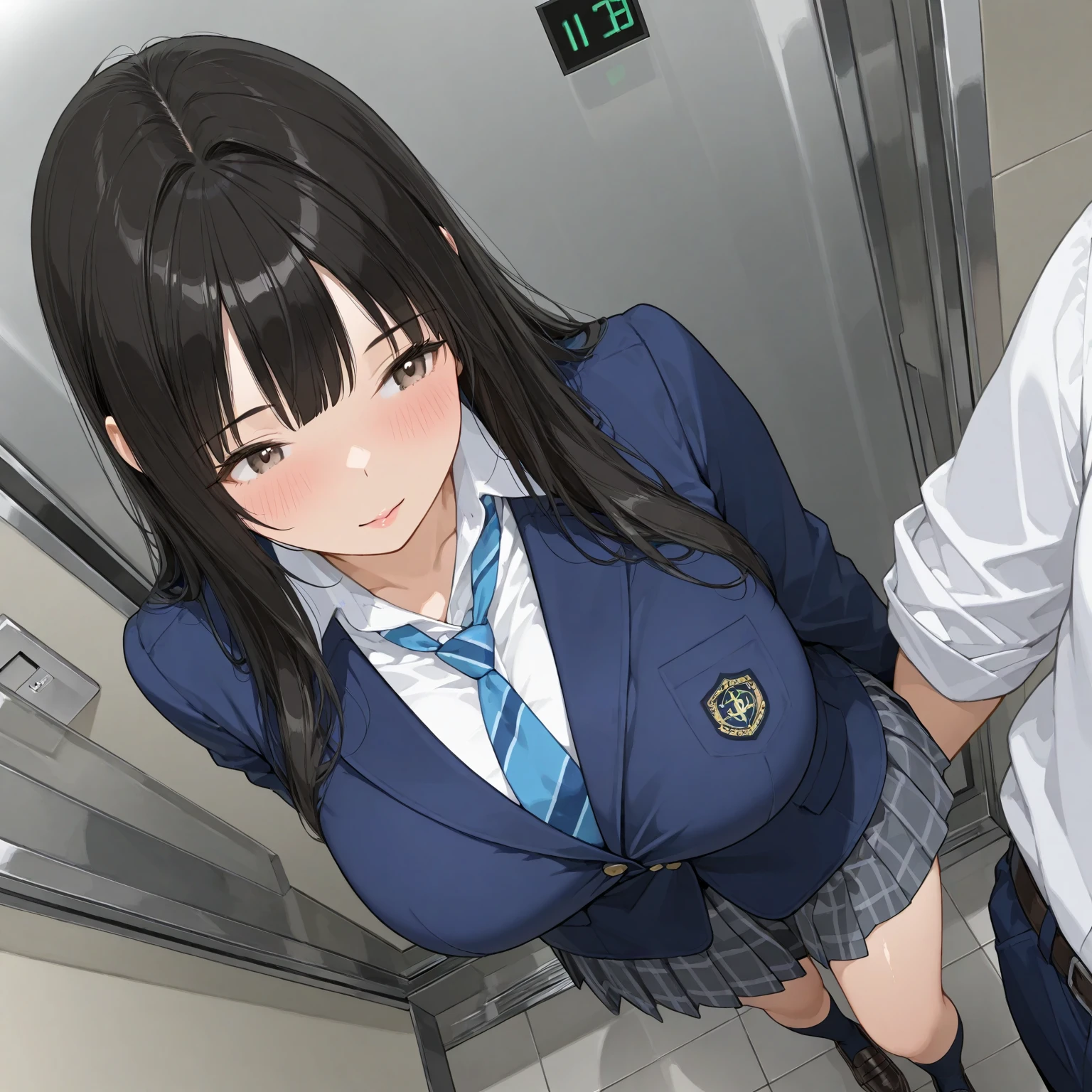 (((high quality, High resolution,))),Japanese women,iris,Brown eyes,iris,Black Hair,bangs,Long hair down the back,Straight hair,Soft lips,Fat Muscle,(Big Breasts:1.3)plump belly,Big Ass,((Navy blue blazer and checked pleated skirt:1.1)),((Bare your chest:1.1)),indoor,(Sweaty:1.1),((Heavy Breath 1.1)),((vapor:1.1)),((toll stature)),((remote_play:1.2)),((Woman trembling with sexual climax:1.2)),((looking down at viewer)),((Have fun)),((Squirting:1.3)),Accentuate your thighs,
