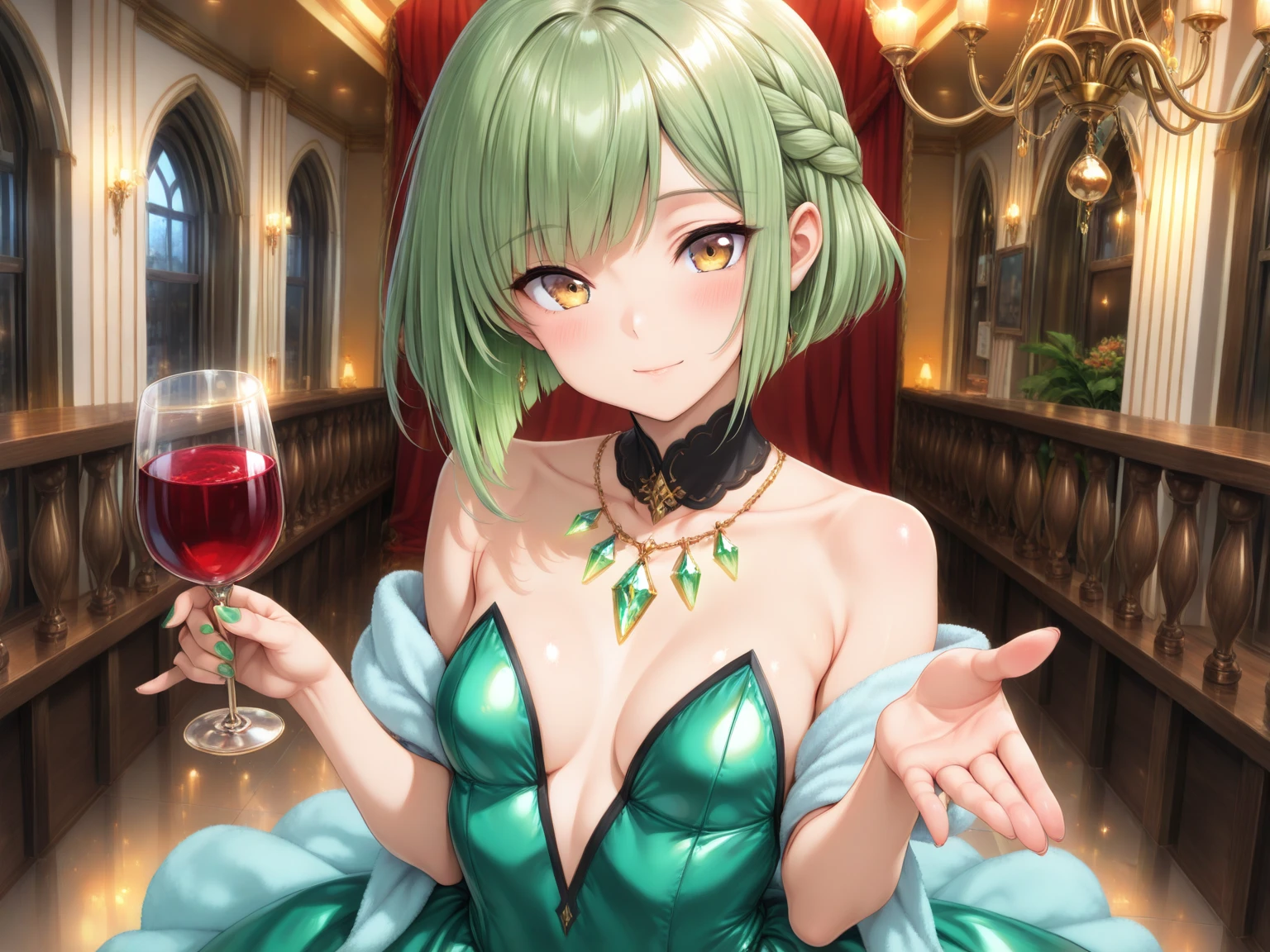 1girl, solo, beautiful girl, green skin, green eyes, big eyes, long eyelashes, green hair, short hair, shiny hair, asymmetrical bangs, asymmetrical hair, medium breasts, green dress, strapless dress, floral print dress, short dress, green belt, purple scarf, looking at viewer, bare arms, bare shoulders, disgust face, narrow waist, big butt, violet lips, lip gloss, makeup, perfect hands, perfect ???????, dress pull, breasts slip, nipple slip, puffy nipples, cleavage, topless, partially undressed, partially naked, breasts focus, purple background, round windows, inside, from side,
