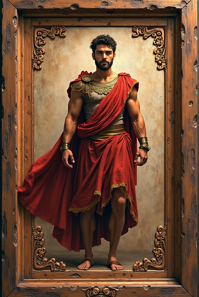 The beauty, strength and masculine power in images throughout time artistic style The Tragic Hero Environment: theatrical stage, with dramatic lights.
pose: standing, in a heroic pose, With one arm extended.
action: Delivering an impassioned speech.
Expression: dramatic, Intense, with a gesture of defiance.
Physical Characteristics: athletic body, expressive face with marked features.