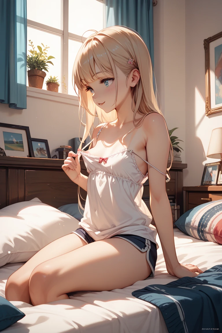 Create a high-quality, detailed image of a beautiful anime lofi girl with long blonde hair, bright blue eyes, sitting at her gaming PC in her cozy gaming room. She is wearing a see-through tank top and no bra, and her midriff is showing. She also has on sleep shorts. The warm, inviting scene includes soft ambient lighting and comfortable seating. The room is illuminated by a small lamp, creating a serene and intimate atmosphere with a touch of sensuality