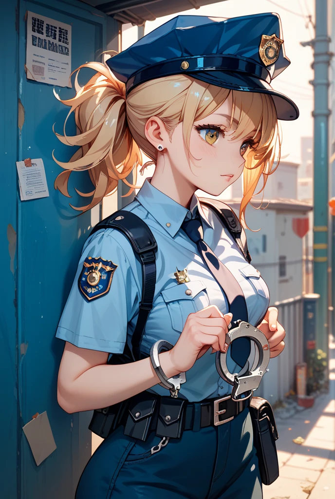 (((perfect anatomy, super detailed skin))), 1 girl, japanese, police girl, shiny skin, large breasts:0.5, looking away, looking up, watching the view,
beautiful hair, beautiful face, beautiful detailed eyes, (long hair:1.5, twintails:1.7), blond hair, bangs, hair between eye, red eyes,
beautiful clavicle, beautiful body, beautiful chest, beautiful thighs, beautiful legs, babyface, mole under eye,
((policewoman uniform, light blue short sleeved shirt, navy necktie, high waisted miniskirt), belt, white gloves, police hat, handcuffs), seductive thighs,
(((aiming at viewer, holding pistol, handgun))), ,
(beautiful scenery), wasteland, burning city,
8k, top-quality, masterpiece:1.2, extremely detailed), (realistic, photorealistic:1.2), beautiful illustration, cinematic lighting,