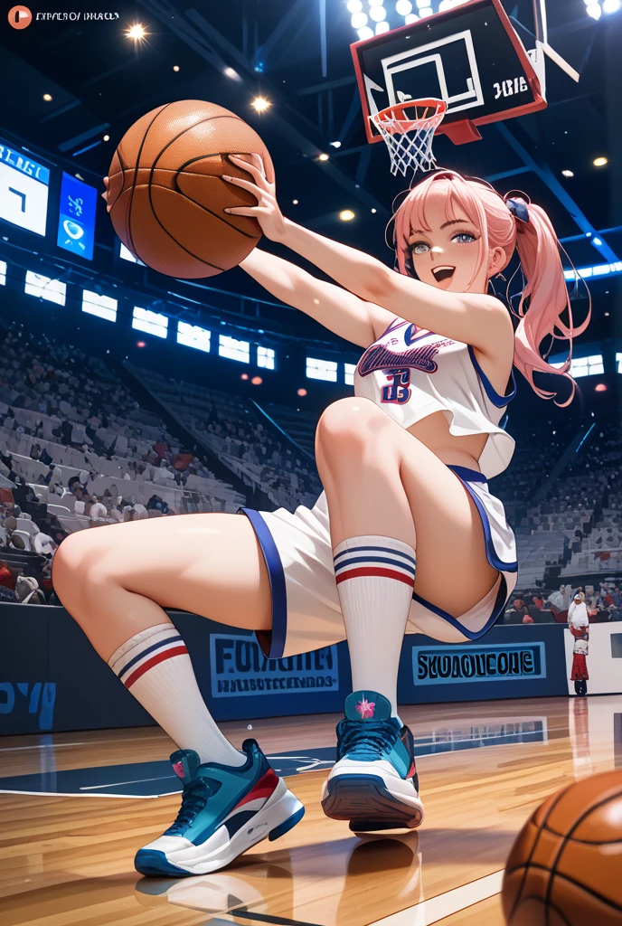 Satsuki Momoi from Kuroko's Basketball, spread legs, sitting on basketball, uplift miniskirt
