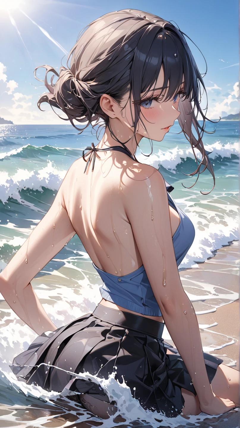(Masterpiece), (8k size wallpaper), (top quality), Caustics, Detiled、Hyperrealistic Photo、Photorealistic、A beautiful woman in a swimsuit is looking back at the beach、Dynamic photos、Wind