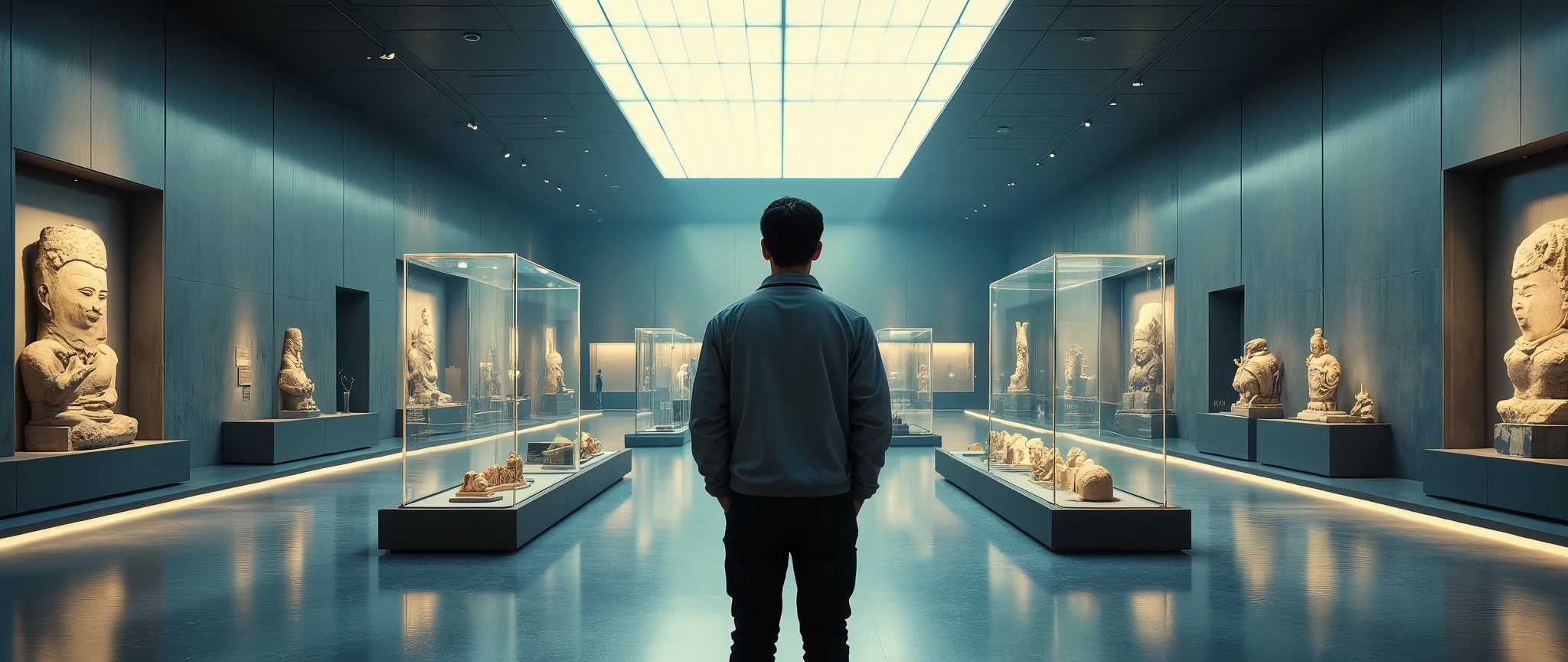 Cool cinematic picture quality,A young Asian man visits a modern exhibition building,Depan ,Man Facing the Audience,人 の Front face tou,Ceiling lights in showrooms shine on the body,Large stone sculptures from ancient China on display inside glass cabinets,Huang Guangjin split ratio composition
