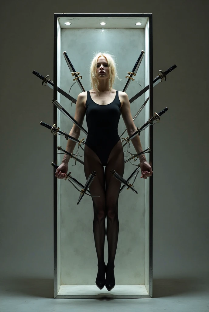 Female Pinhead from Hellraiser, perfect body, full body shot, skin-tight BDSM bodysuit, chains, black leather, sexy look, small breasts, flat chest, ((screaming)), ((mouth wide opened)), eyes closed, slim, thin waist, thin thighs, thin arms, lots of bloody piercing, scorched skin, blood, bruised, inferno, hell, extrem pain