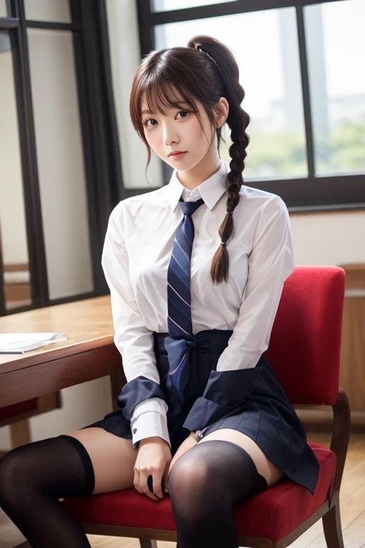 A masterpiece in every detail, Highest quality, 1 female, Age 25, 170cm, reception, Model Body, Perfect body, Big Breasts, Extraordinary beauty, Smooth textured hair, Sagging in the front, single hair bun, bangs,Two-tone mesh, Realistic eyes, Big Eyes,superior look, Unclear, Mouth closed, Blushing, shy, Pink bow tie, , blue Jacket, Jacket, skirt, gray pleated skirt, Dress shirt, White shirt ,  Black socks, Sitting, office, hair ornaments, stare, Fine and beautiful eyes, (Wearing light blue panties), Professional Effects,