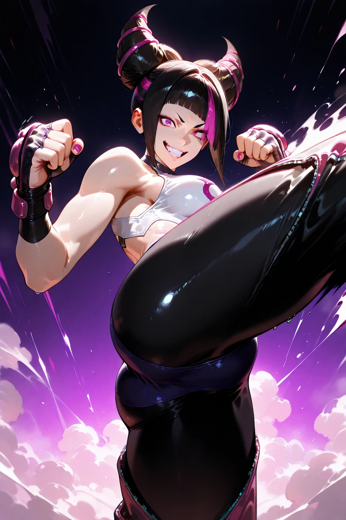 1girl, highres, sharp focus, pixiv masterpiece, (((intricate details)), highly detailed,exquisite fanart highly detailed, commission for high resolution, one eye, detailed eyes, pale skin, fair skin, short hair, black hair, cat eyes, eyes with cat pupil, muscular!,abdomen, pointed ear, vampire, costume: sportswear, yoga pants, calvin clein style sports bra, neckline, revealing neckline,  joy ride style, ilya kuvshinov,Anime Moe Artstyle, Female anime character, Anime character,