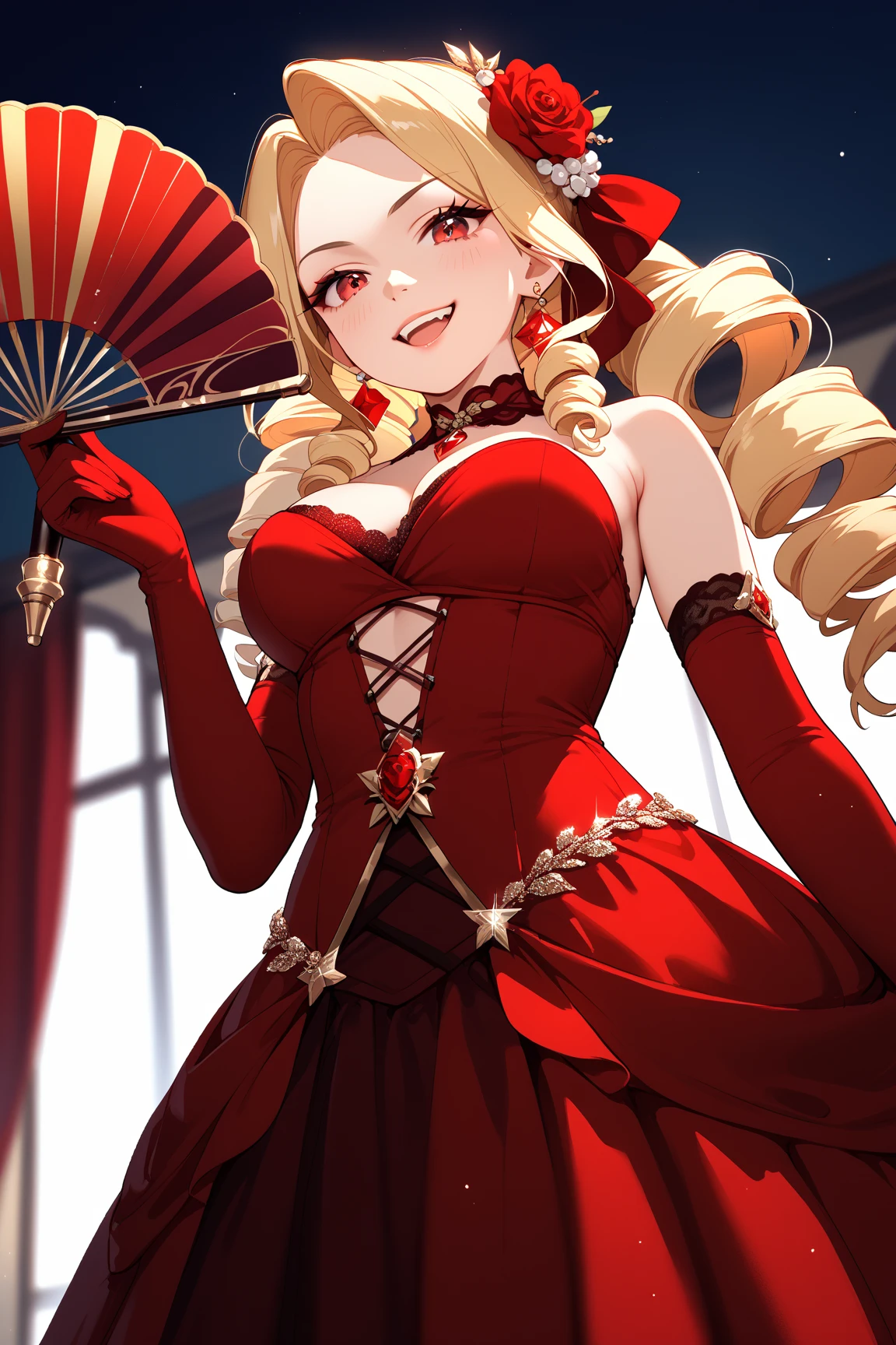 Amazing volume of blonde hair、Long drill hair、Big Breasts、Red evening dresini skirt、Dark black pantyhose、Red High Heels、Holding a fan 、smile, hyper cute girl,starry night sky,