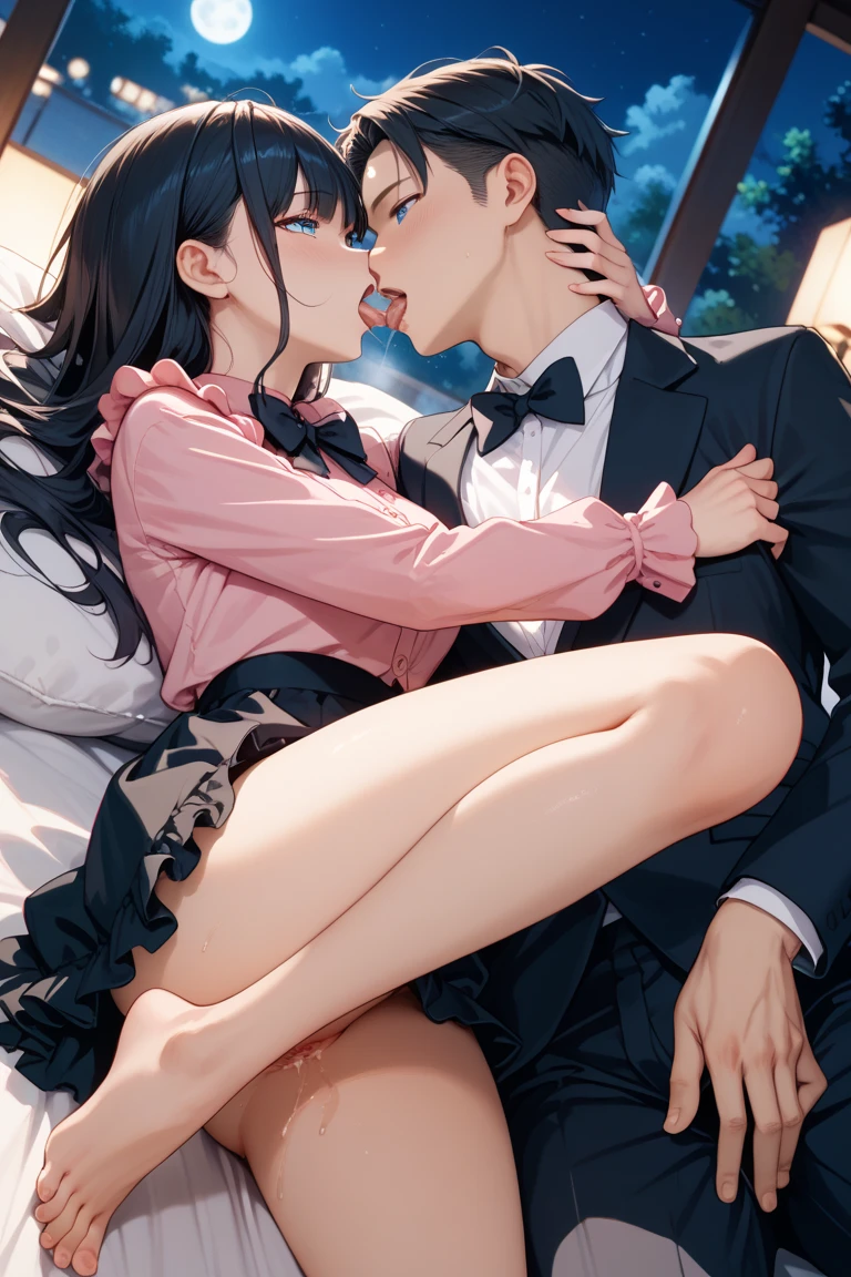 they are two people in a bedroom one is kissing the other is laying on the bed, romance novel cover, passionate pose, sexy dominant pose, commission for high res, dominant pose, (short black hair),(blue eyes), (), in her room
