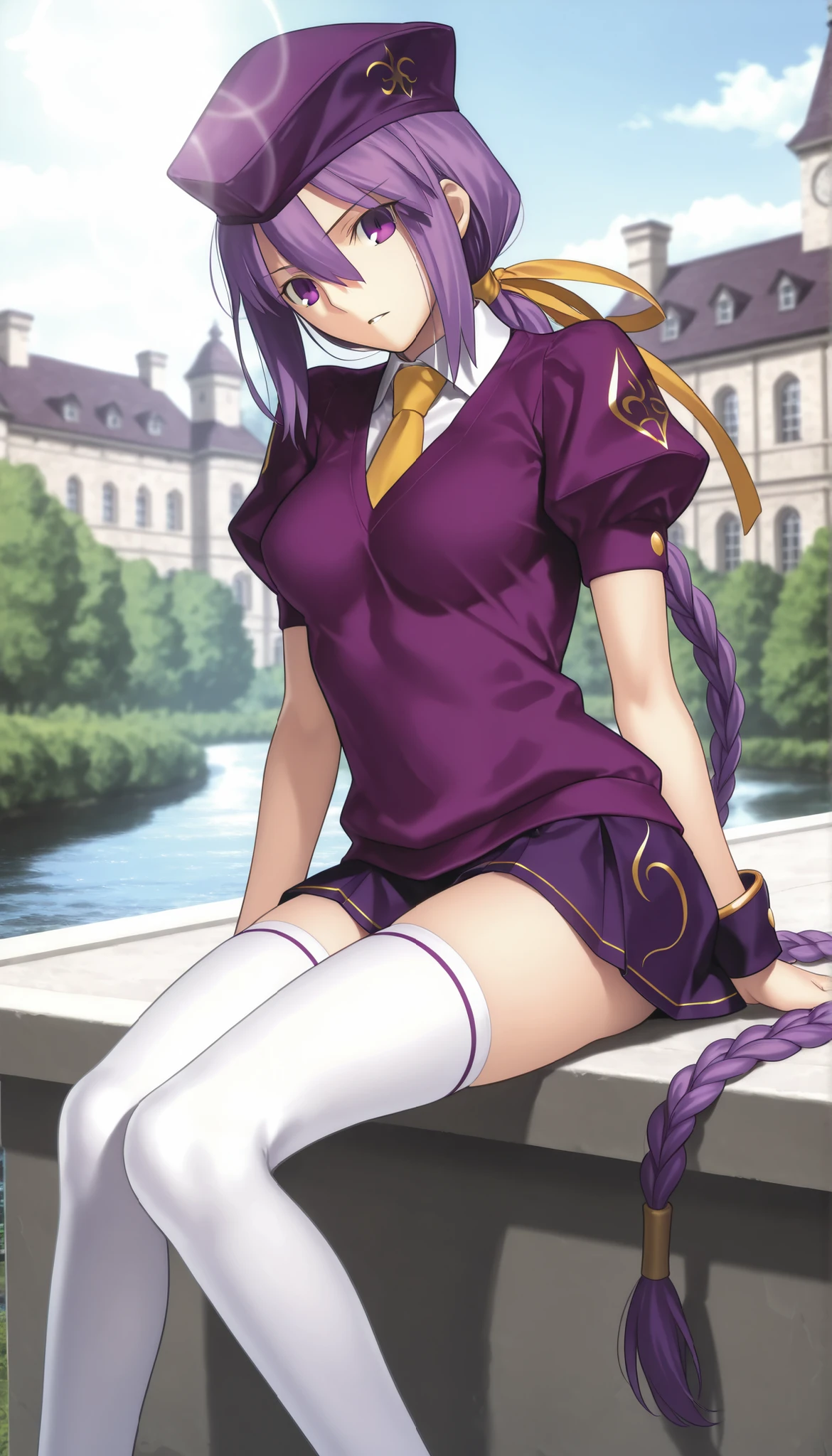 masterpiece, , absurdres, highres, detailed background, high resolution, masterpiece, necessary, detail, best quality, quality, necessary, details, High details, Precise, dark, outdoors, (mansion, ,river), lens flare, blurry background, ,
1girl, Takeuchi Takashi (type-moon,tsukihime) style, takeuchi takashi style,, (aged up:1.5) ,((very long legs, slim legs)),sittin ,
girl, (slender body, slim arms, slim bod), (Sion) Eltnum (Atlasia) ,sion eltnam atlasia,(fate), purple hair , purple eyes, tsurime, hair between eyes ,long bang, long hair , braided hair , braided ponytail , yellow ribbon , EltnumOutfit ,small breasts, light purple sweater ,Juliet sleeve sweater , collared undershirt , white undershirt , undershirt , yellow necktie , short sleeve, , dark purple skirt , miniskirt , gold trim , white thighhighs , single glove , fingerless glove , black glove , dark purple beret , ,((head tilt)), looking at viewer , ,