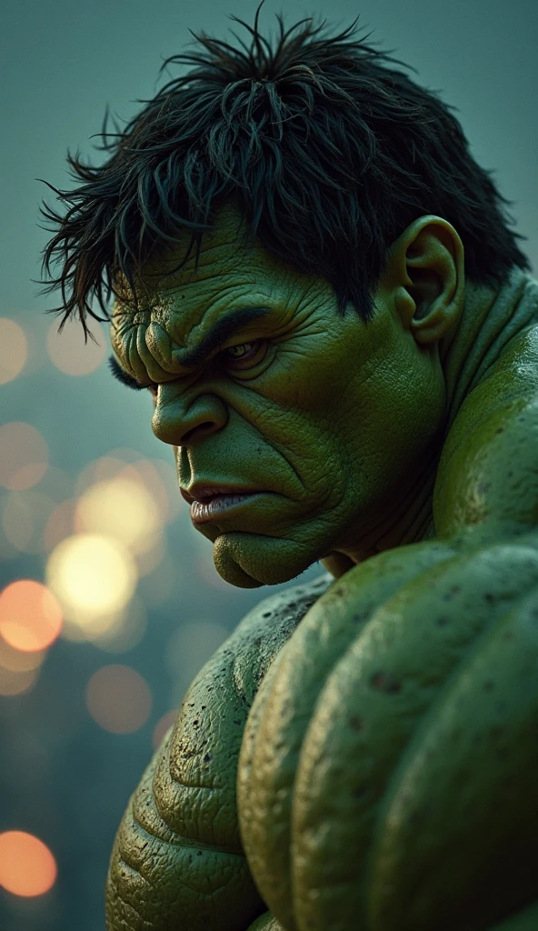 Green Hulk, cinematic portrait photo of a very interesting green Hulk, green body, Wearing the saffron robes of a monk, Saffron clothes, Rudraksha beads, oblong water pot in hand (Kamandal), rudraksha in hand, walking in street of Banaras, eyes close up, highly detailed vfx portrait, taken with a full frame camera with a wild lens, green body, the incredible hulk